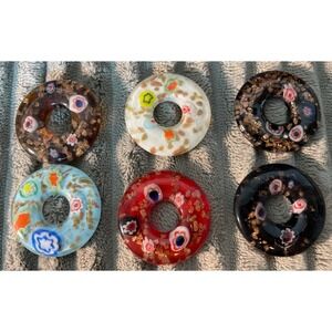 6 Millefiori Glass Donut Pendants White Red Black Aventurine Blown Floral Craft